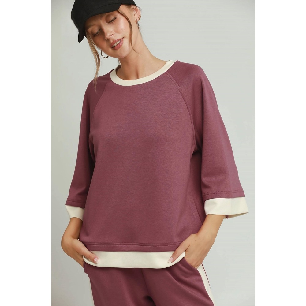 Umgee Colorblock Crewneck Raglan Sleeve Top - marsala - Medium